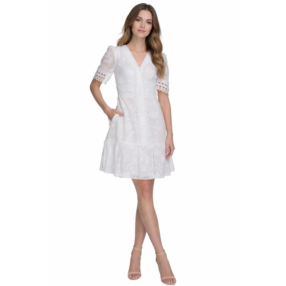 ELIZA J SIZE 8 SHORT SLEEVE WHITE FLORAL BURNOUT SHIRTDRESS BUTTON FRONT NWT